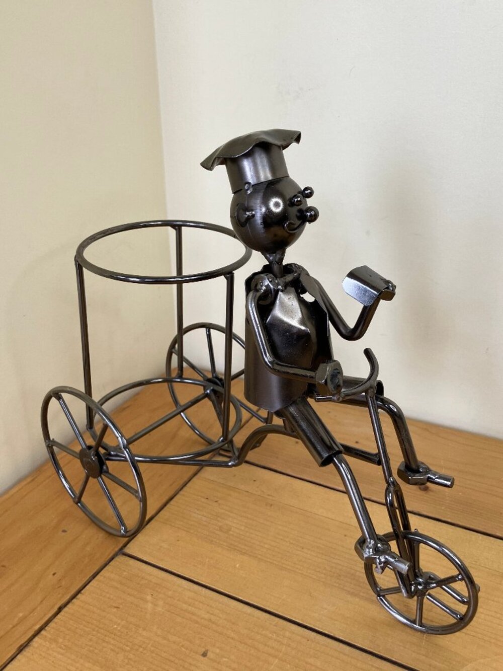 Chef Riding Bicycle Wine Bottle Holder Kitchen Herb Plant Stand Metal Sculpture